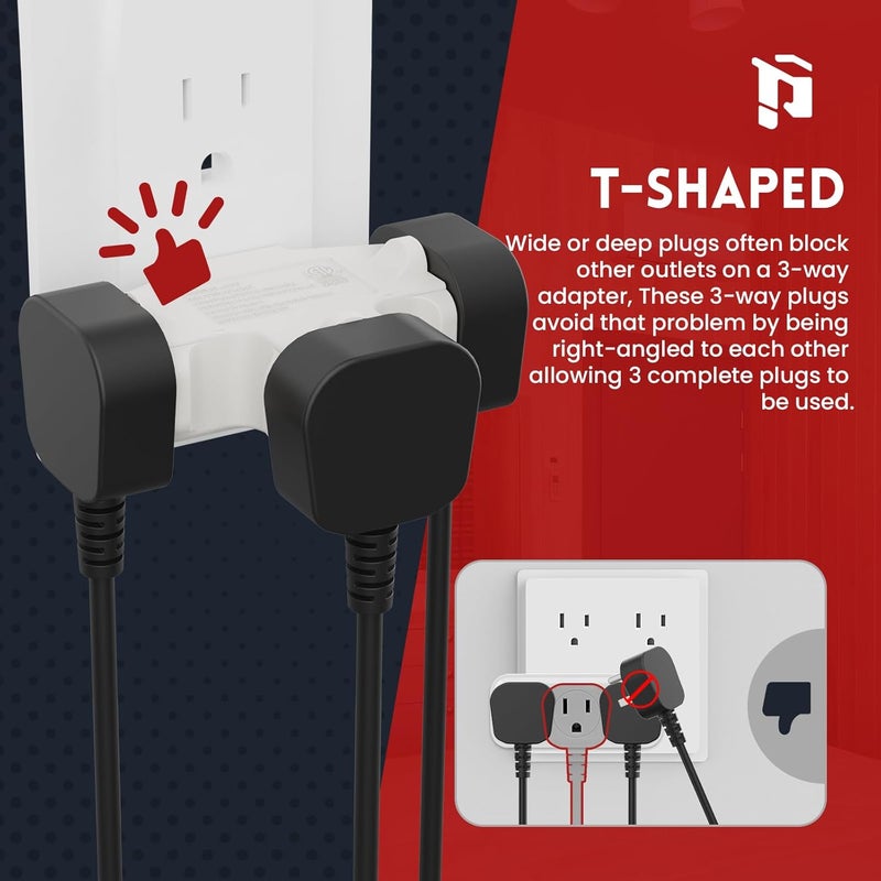 PLUGTUL 3 Way Plug Adapter, 3 Plug Wall Adapter, 3 Prong, Grounded, 15A, 1875W, Multiple Plug Expander for Home, Outdoor, ETL Listed, White, 3PACK - Image 4